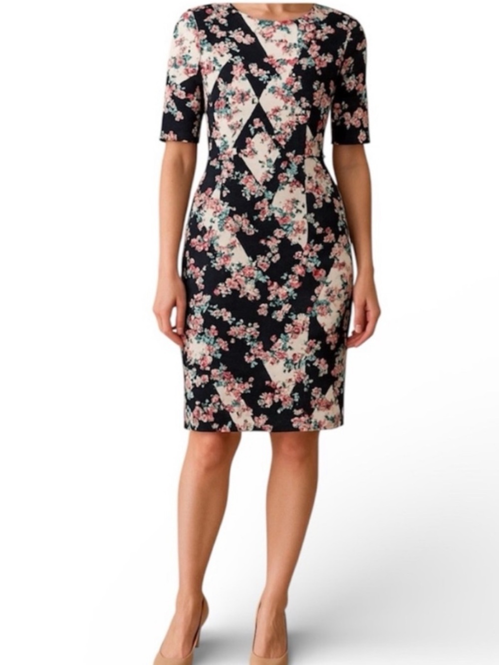 L.K. Bennet Crystal Floral Printed Sheath Dress Short Sleeves Lined Women's US 8